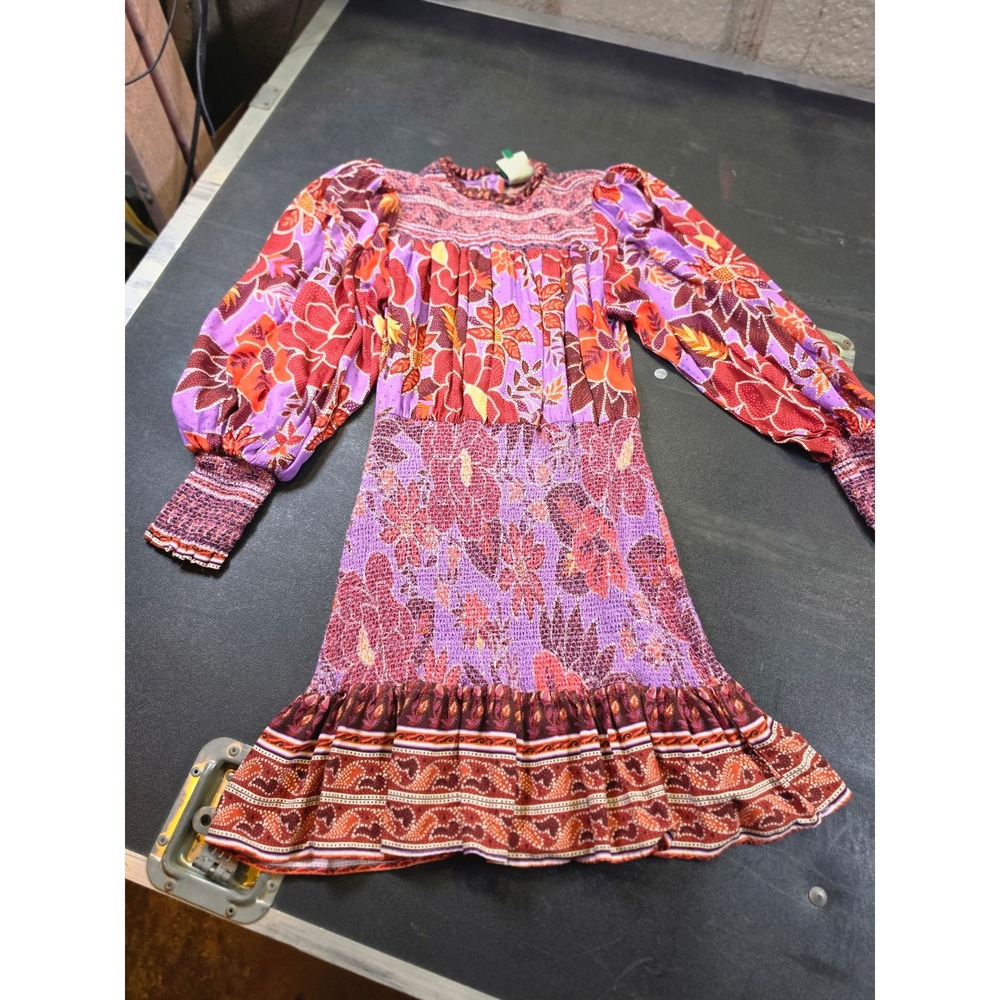 Farm Rio Purple Red Floral Smocked Mini Dress Lg Sleeve Mock Neck  MSRO $245 Sm